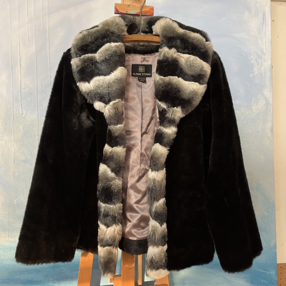 Alpine Studio Faux Fur Coat Size Large Black White Gray